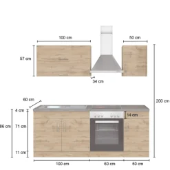 Küchenzeile Sorrella 210cm mit Platz für Backofen - weiß/Eiche