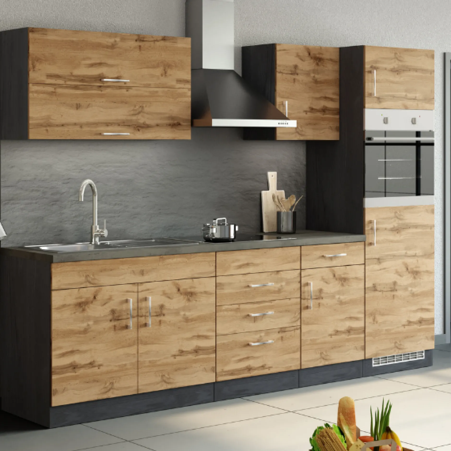 Küchenzeile Sorrella 270cm mit Platz für Backofen und Kühlschrank - Eiche/Graphit