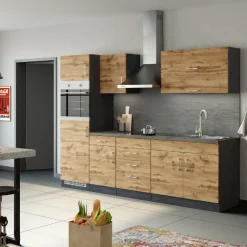 Küchenzeile Sorrella 270cm mit Platz für Backofen und Kühlschrank - Eiche/Graphit