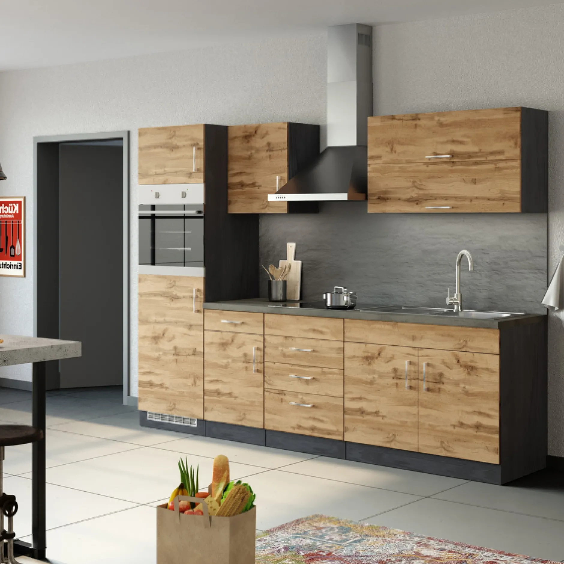 Küchenzeile Sorrella 270cm mit Platz für Backofen und Kühlschrank - Eiche/Graphit
