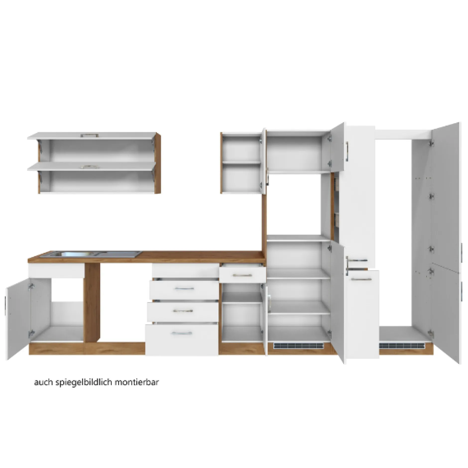 Küchenzeile Sorrella 360cm mit Platz für Geschirrspüler, Backofen, Kühl- und Gefrierschrank - weiß/Eiche