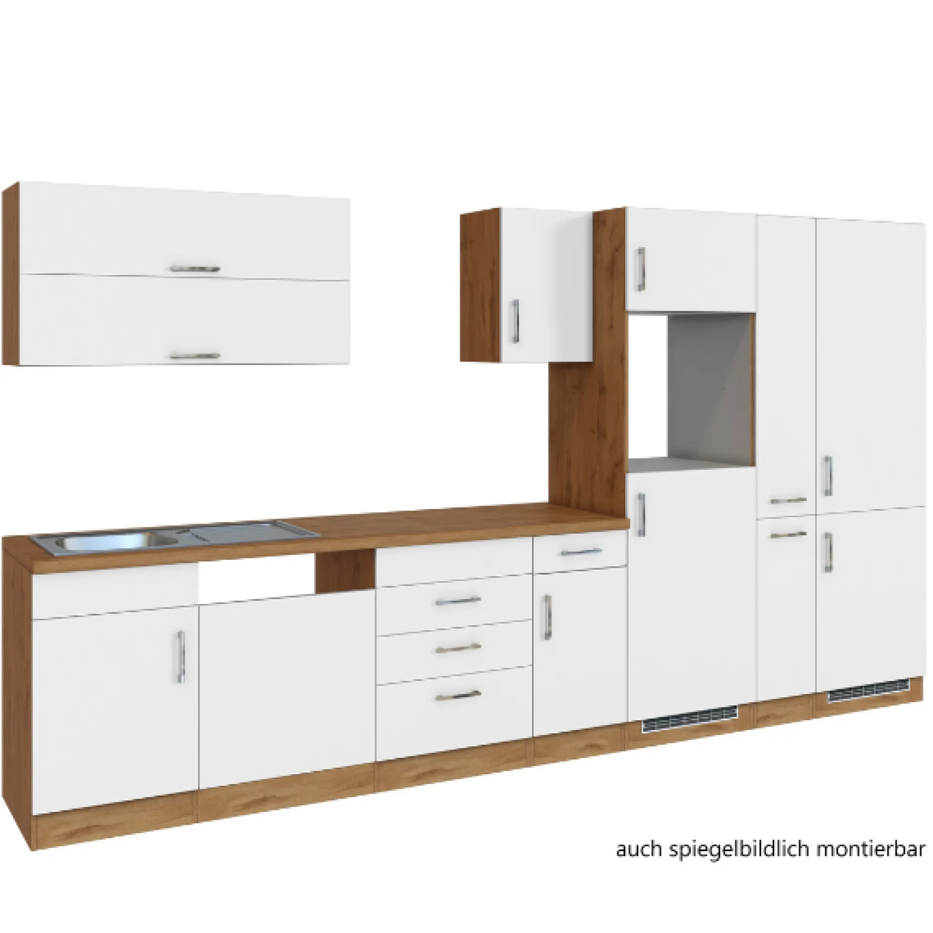 Küchenzeile Sorrella 360cm mit Platz für Geschirrspüler, Backofen, Kühl- und Gefrierschrank - weiß/Eiche
