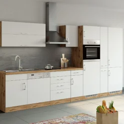 Küchenzeile Sorrella 360cm mit Platz für Geschirrspüler, Backofen, Kühl- und Gefrierschrank - weiß/Eiche