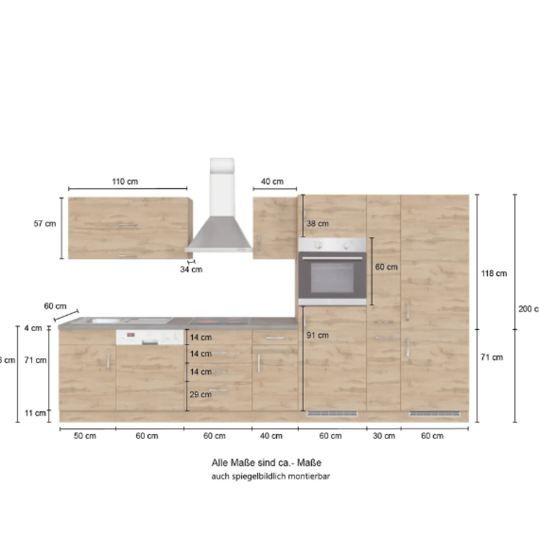 Küchenzeile Sorrella 360cm mit Platz für Geschirrspüler, Backofen, Kühlschrank und Gefrierschrank - Anthrazit/Eiche