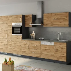 Küchenzeile Sorrella 360cm mit Platz für Geschirrspüler, Backofen, Kühl- und Gefrierschrank - Eiche/Graphit
