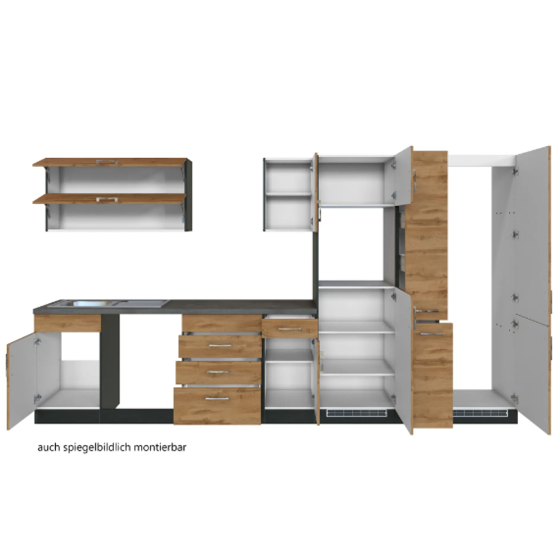 Küchenzeile Sorrella 360cm mit Platz für Geschirrspüler, Backofen, Kühl- und Gefrierschrank - Eiche/Graphit