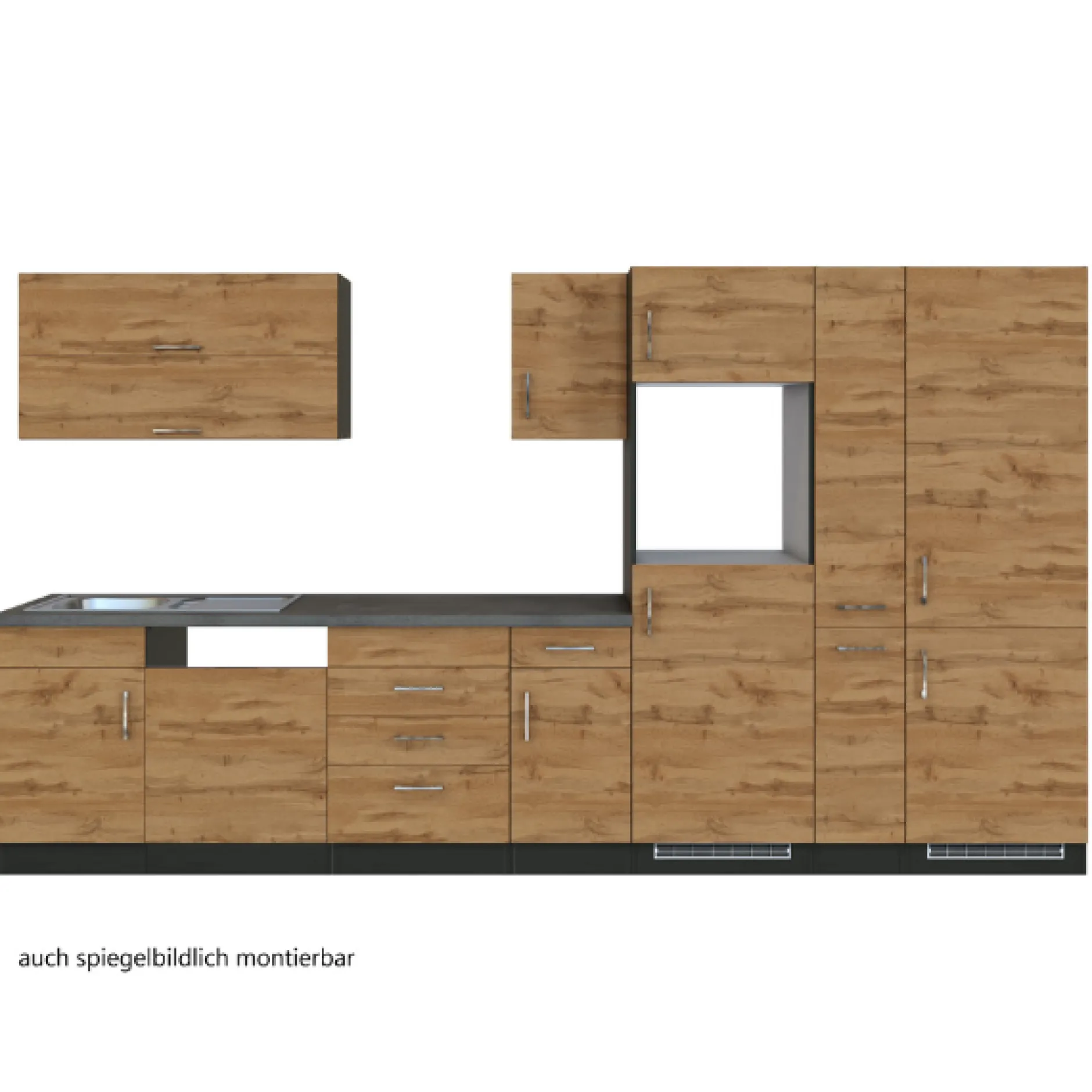Küchenzeile Sorrella 360cm mit Platz für Geschirrspüler, Backofen, Kühl- und Gefrierschrank - Eiche/Graphit