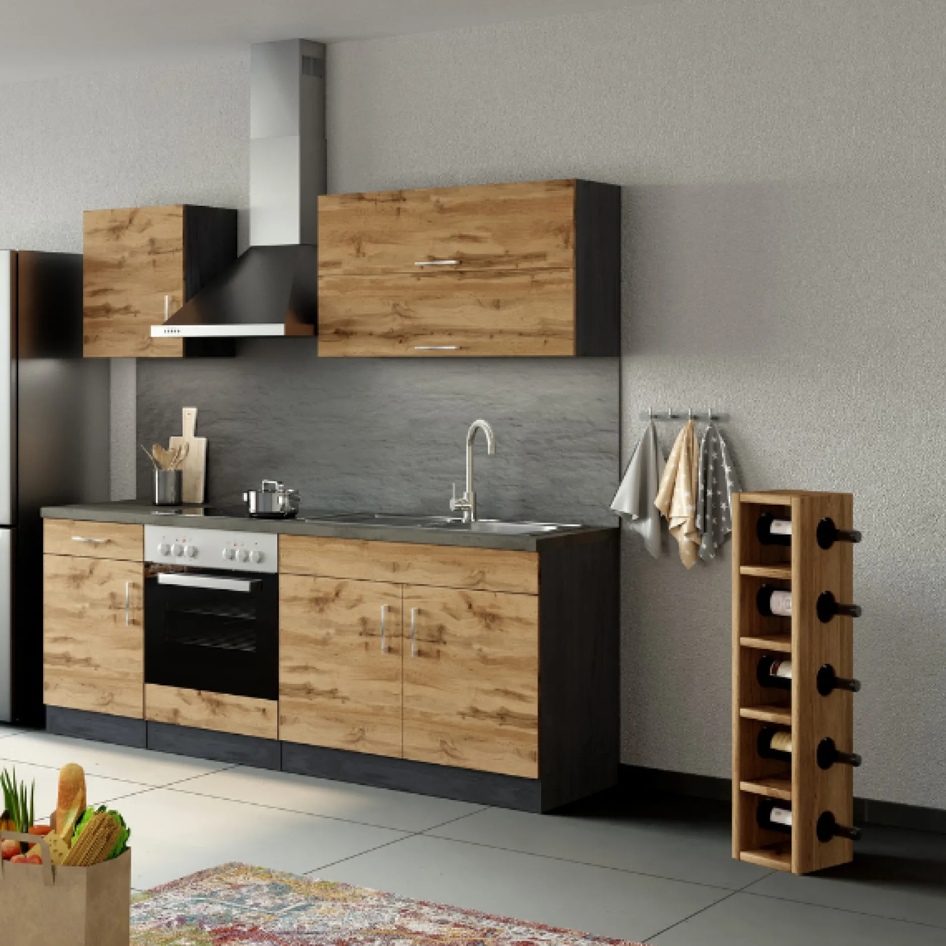 Küchenzeile Sorrella 210cm mit Platz für Backofen - Eiche/Graphit