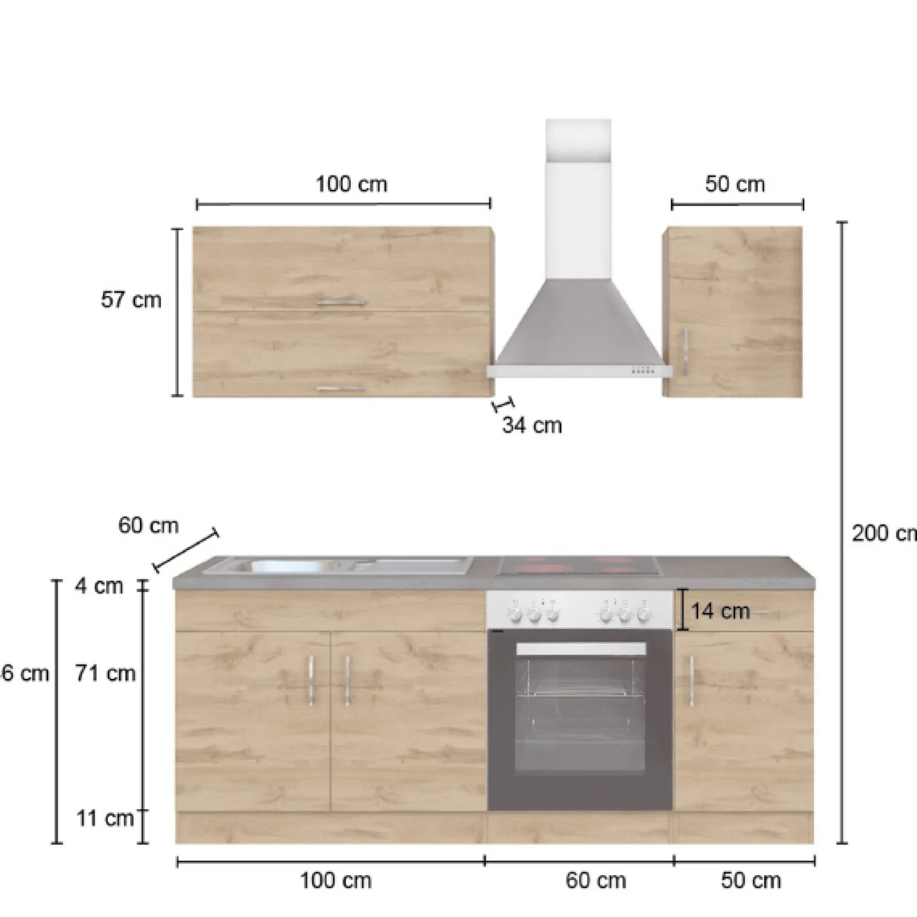 Küchenzeile Sorrella 210cm mit Platz für Backofen - Eiche/Graphit