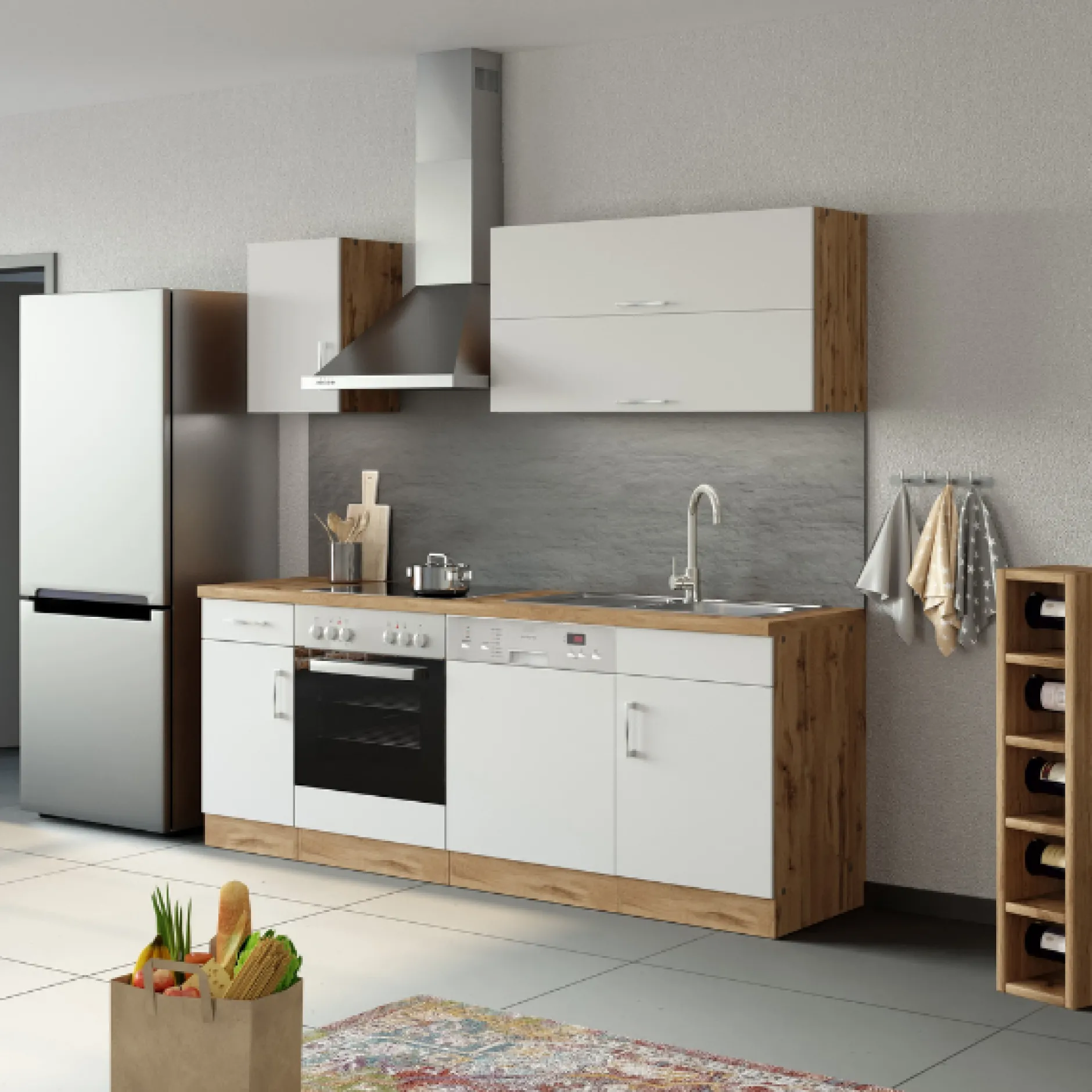 Küchenzeile Sorrella 210cm mit Platz für Geschirrspüler und Backofen - weiß/Eiche