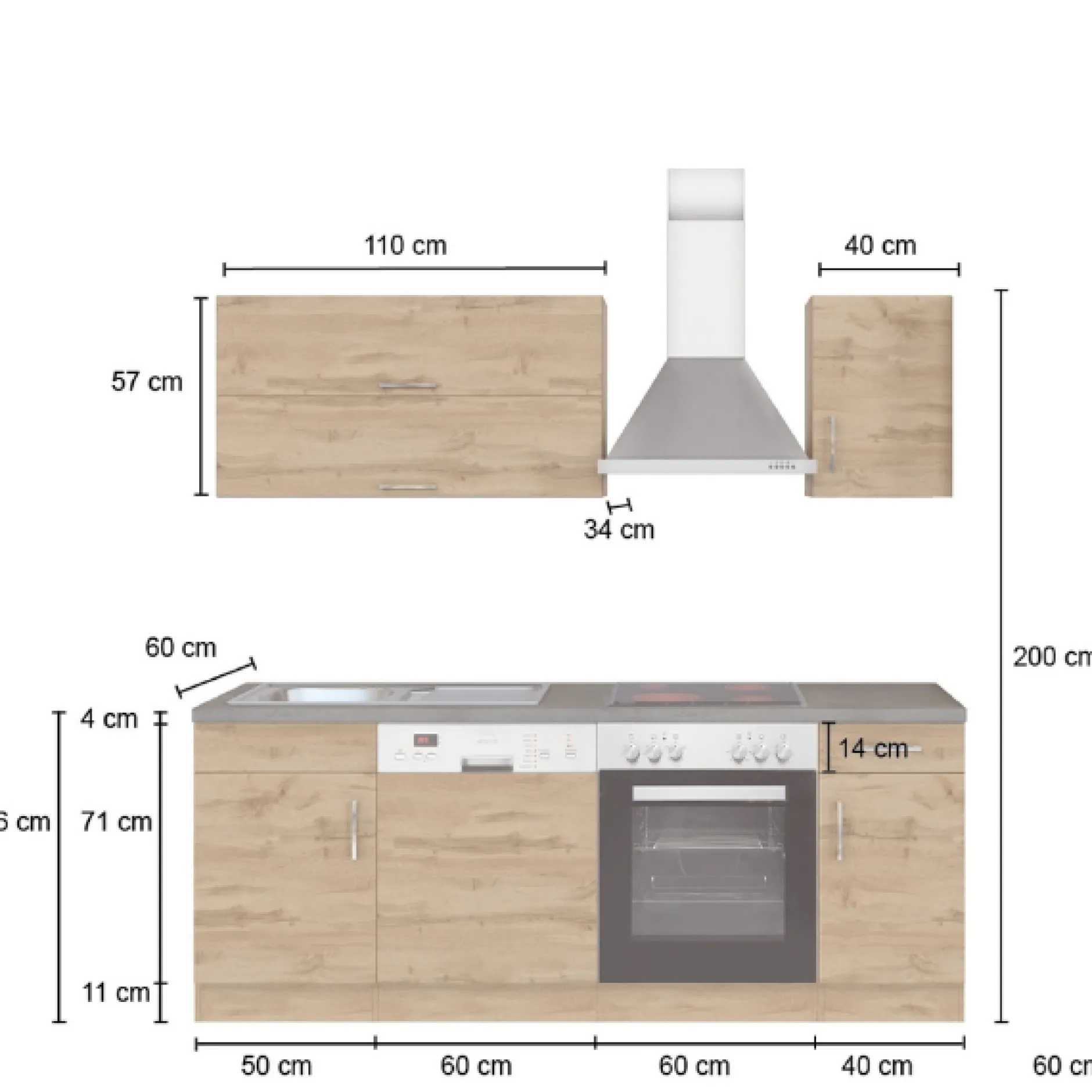 Küchenzeile Sorrella 210cm mit Platz für Geschirrspüler und Backofen - weiß/Eiche