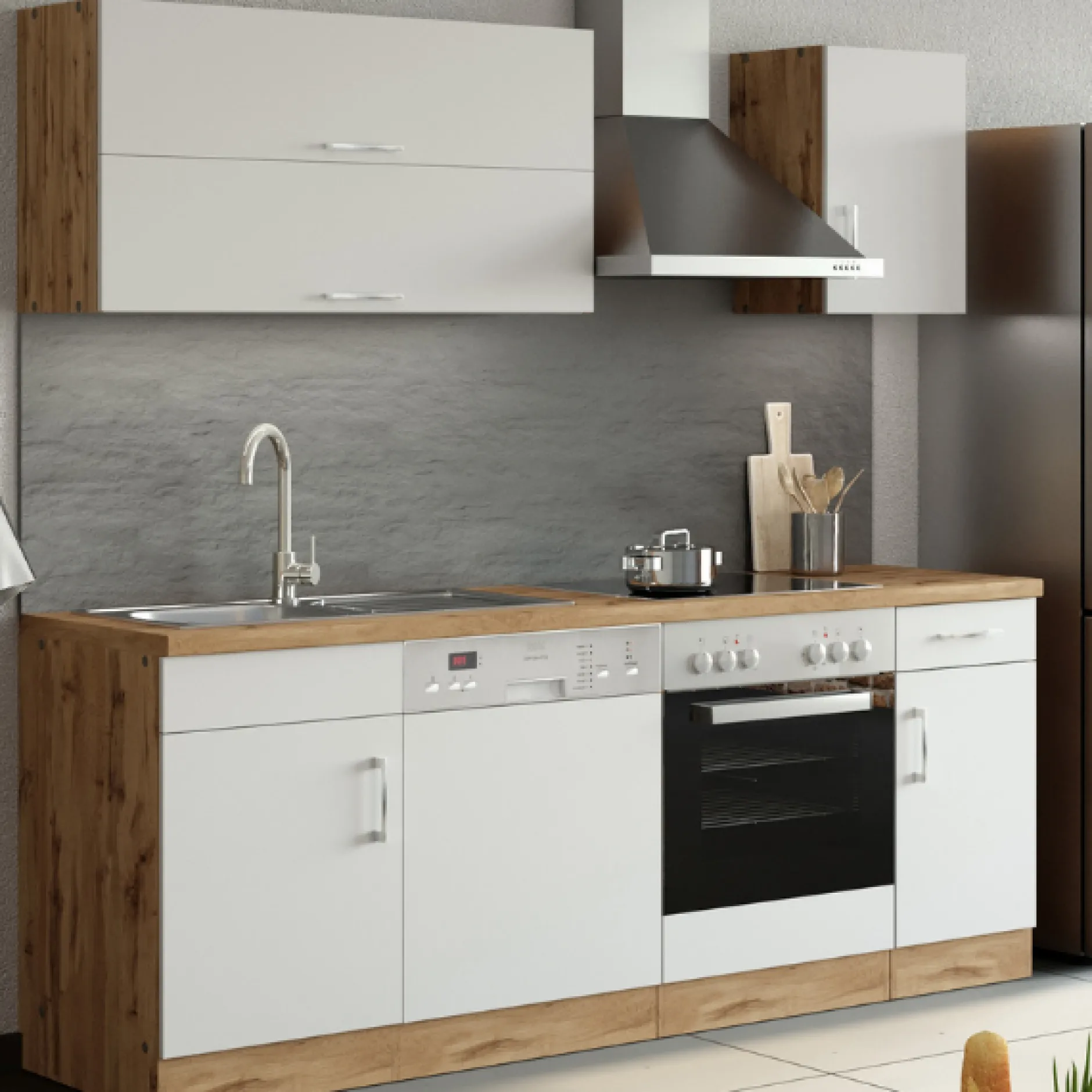 Küchenzeile Sorrella 210cm mit Platz für Geschirrspüler und Backofen - weiß/Eiche