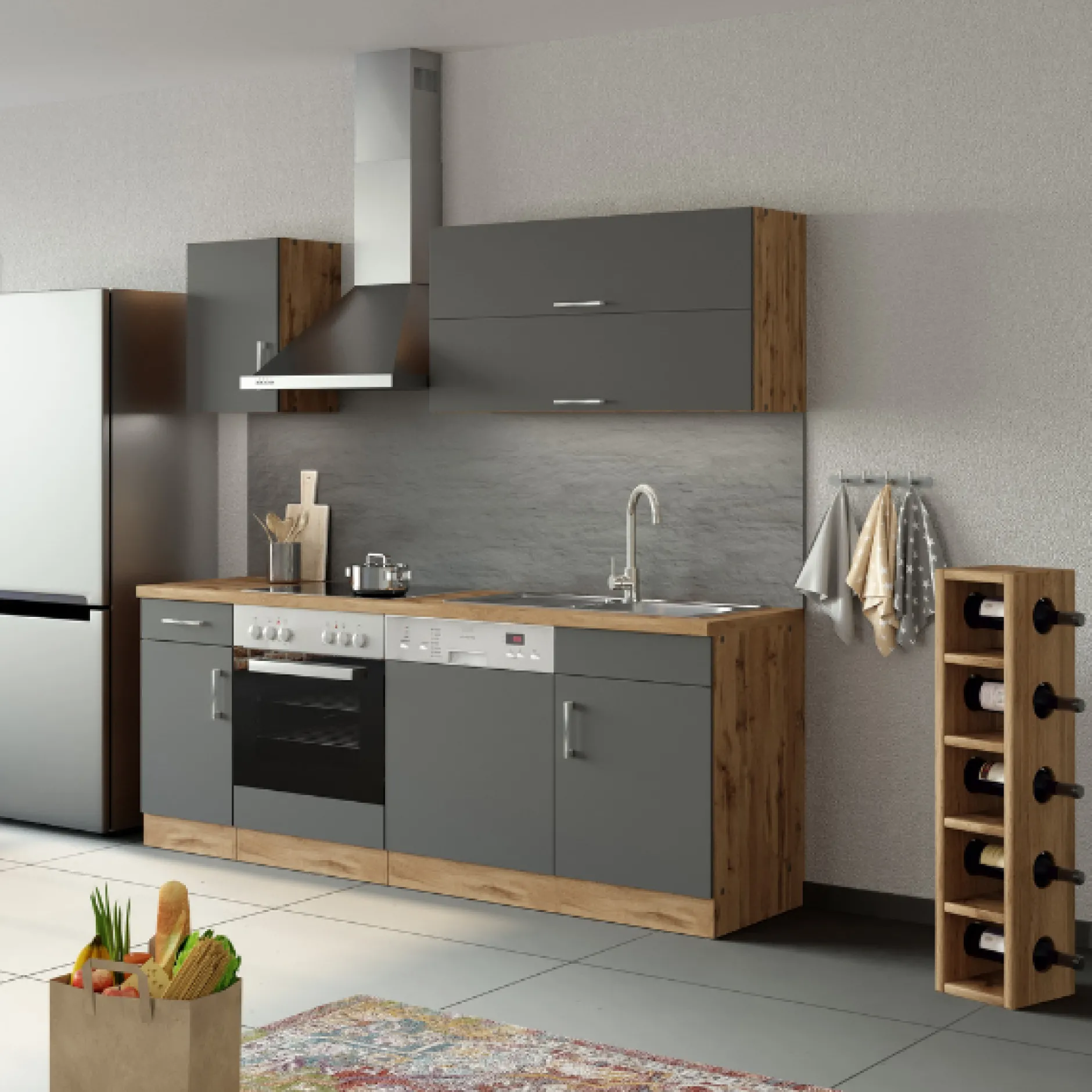 Küchenzeile Sorrella 210cm mit Platz für Geschirrspüler und Backofen - anthrazit/ocker