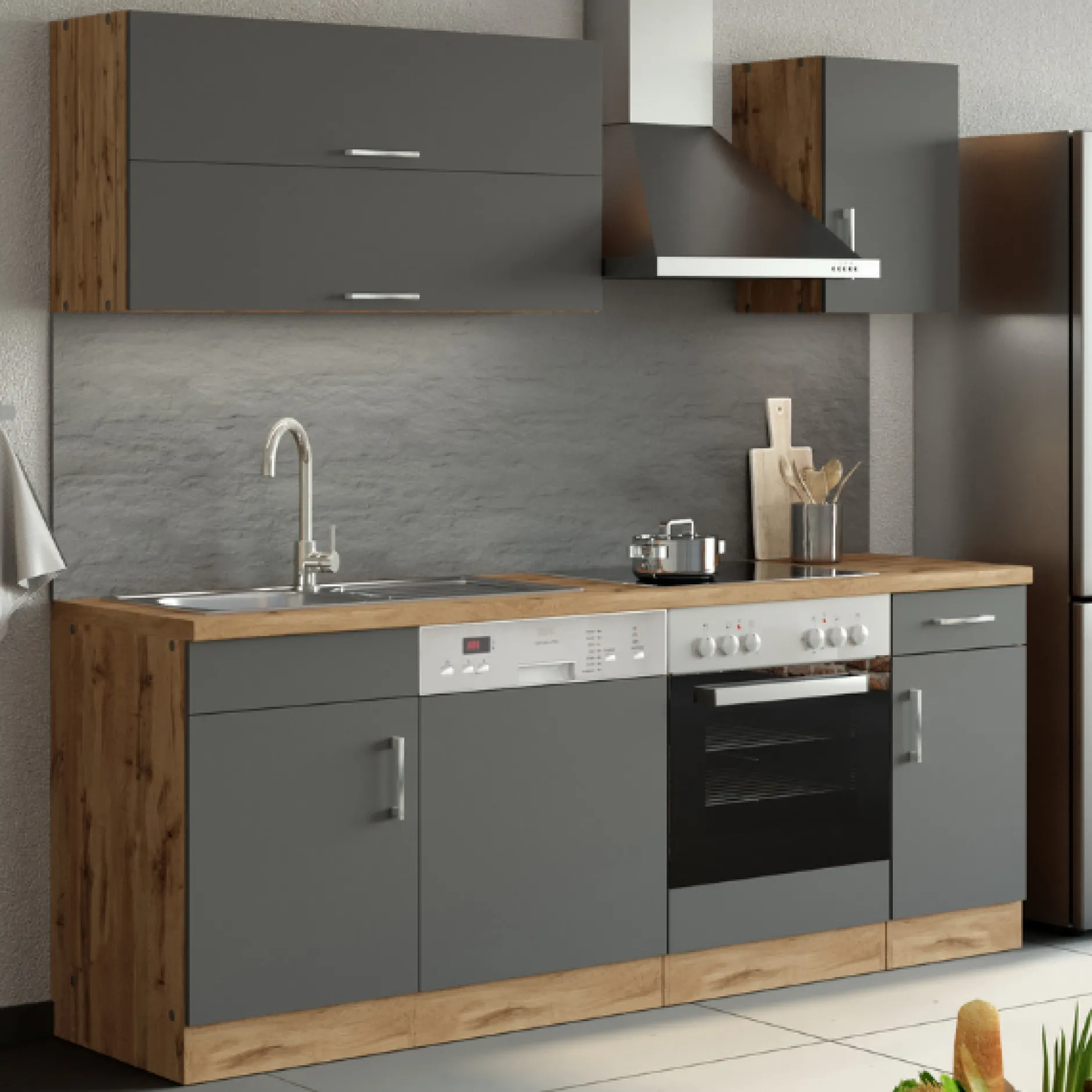 Küchenzeile Sorrella 210cm mit Platz für Geschirrspüler und Backofen - anthrazit/ocker