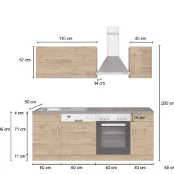Küchenzeile Sorrella 210cm mit Platz für Geschirrspüler und Backofen - Eiche