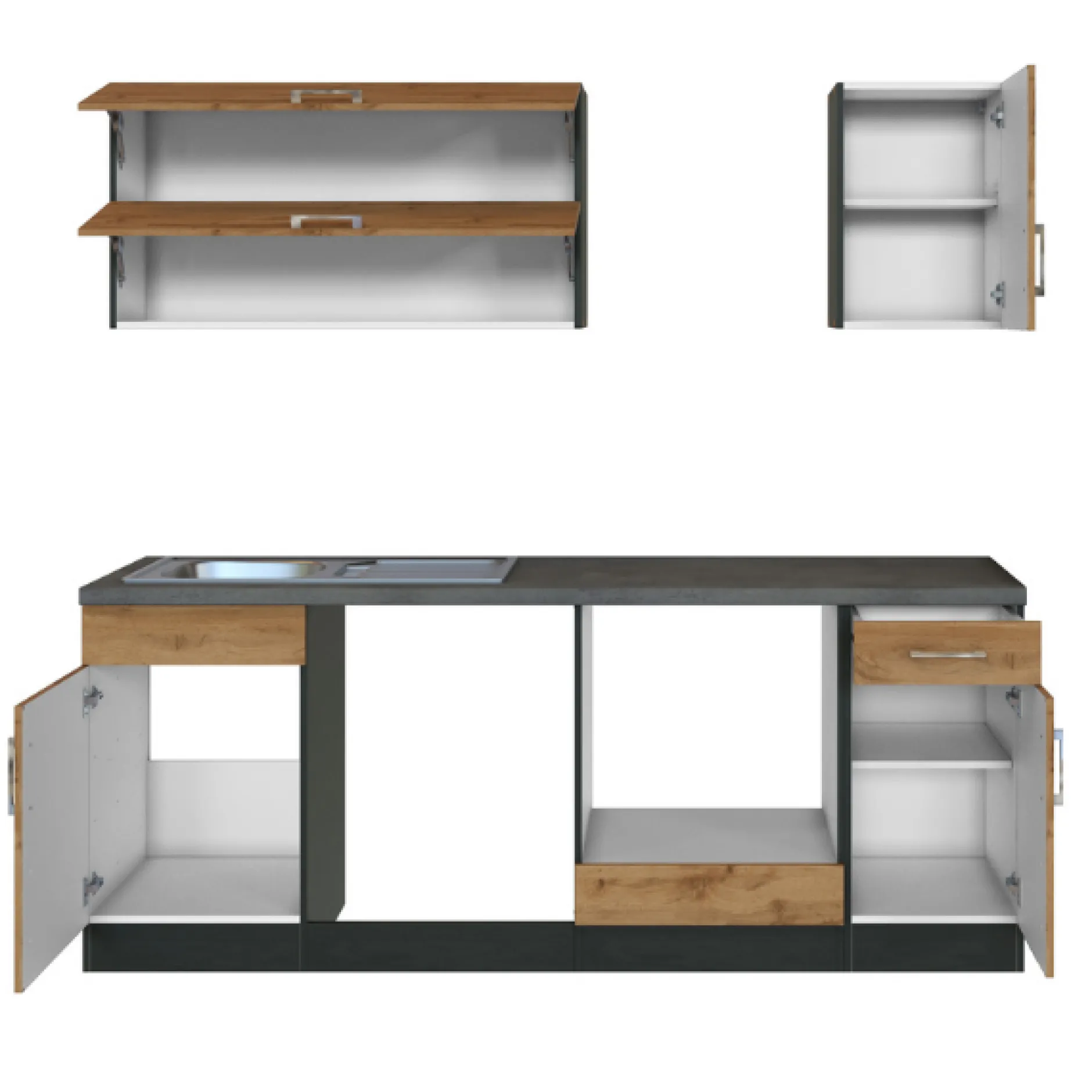 Küchenzeile Sorrella 210cm mit Platz für Geschirrspüler und Backofen - Eiche/Graphit