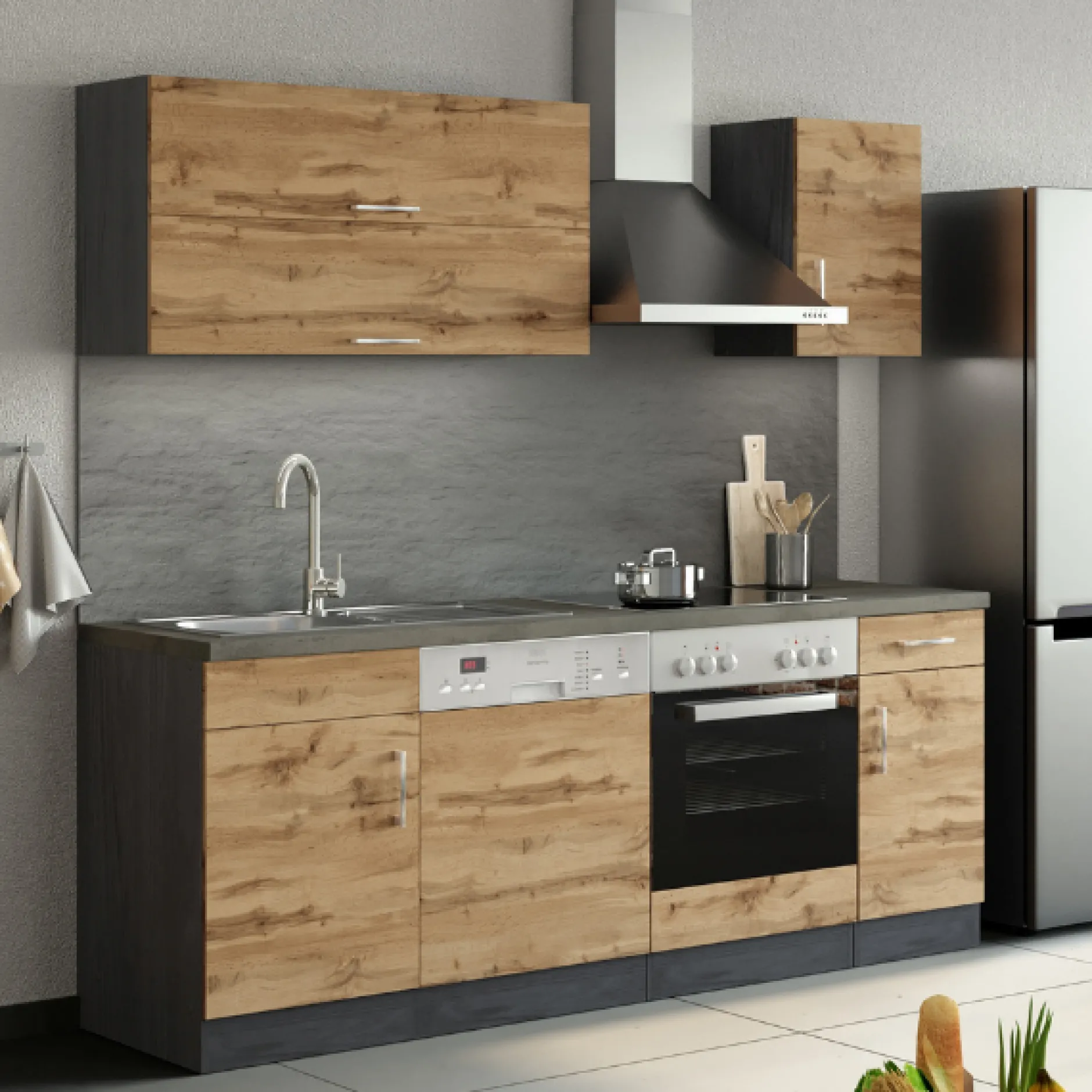 Küchenzeile Sorrella 210cm mit Platz für Geschirrspüler und Backofen - Eiche/Graphit