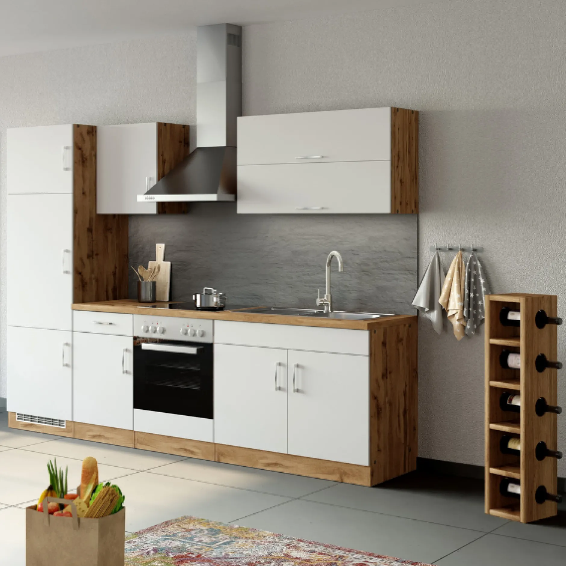 Küchenzeile Sorrella 270cm mit Platz für Backofen und Kühlschrank - weiß/Eiche