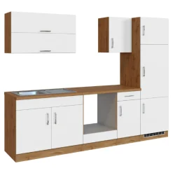 Küchenzeile Sorrella 270cm mit Platz für Backofen und Kühlschrank - weiß/Eiche