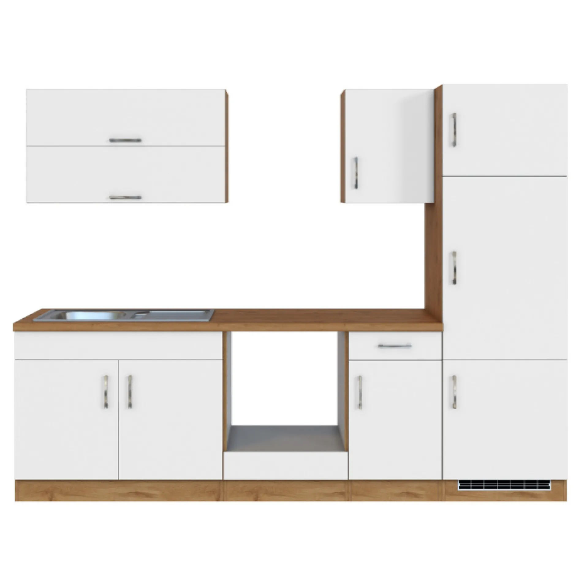 Küchenzeile Sorrella 270cm mit Platz für Backofen und Kühlschrank - weiß/Eiche