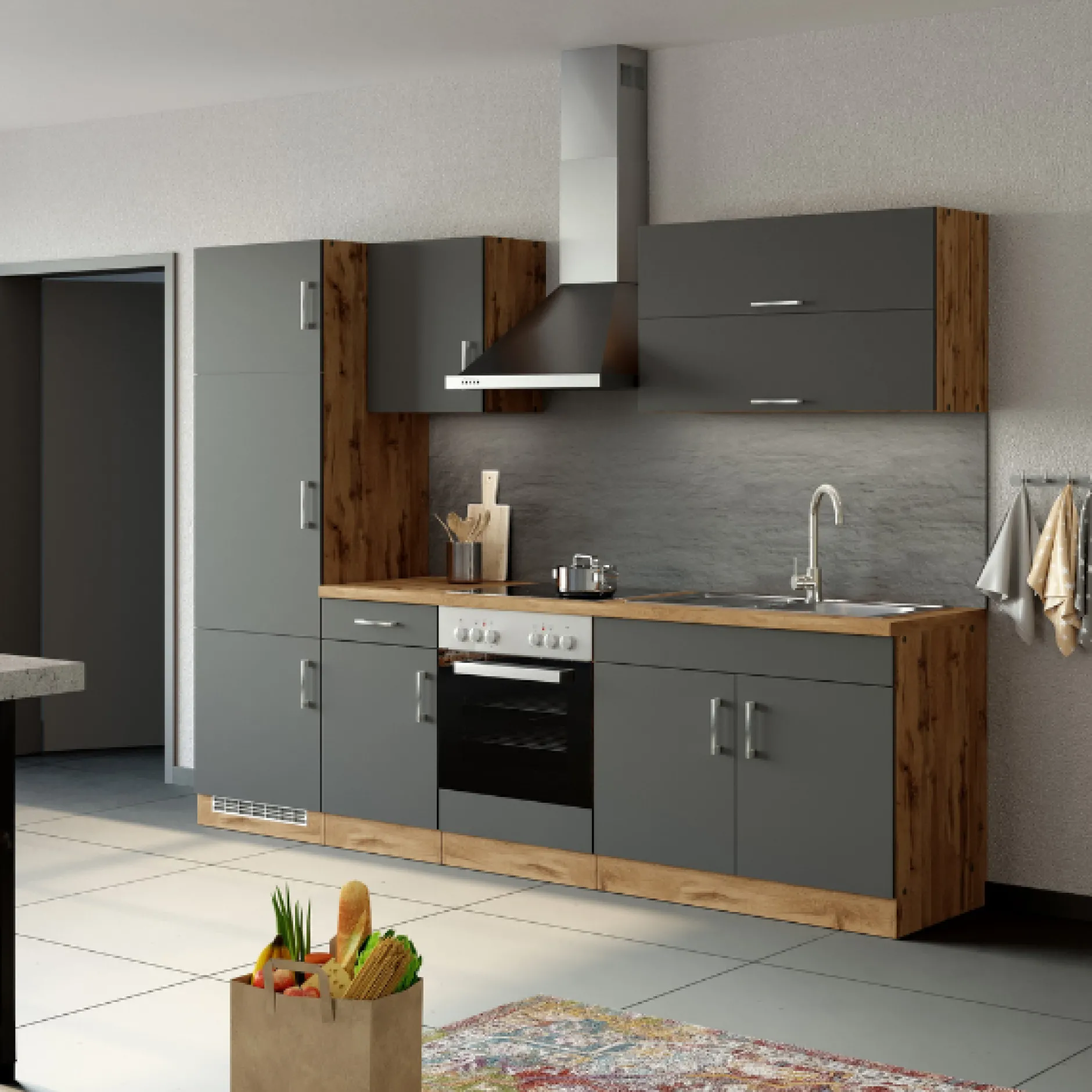 Küchenzeile Sorrella 270cm mit Platz für Backofen und Kühlschrank - anthrazit/ocker