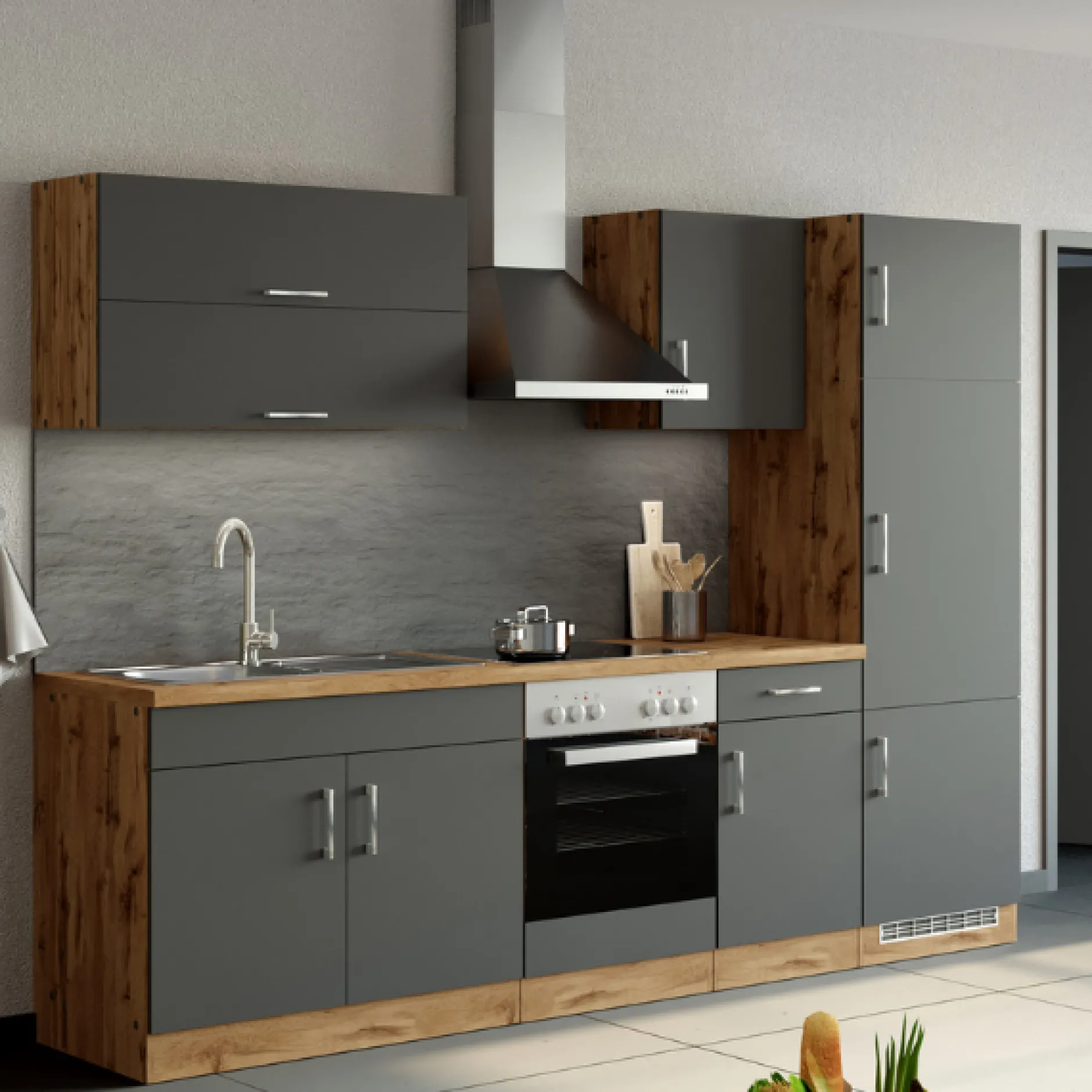 Küchenzeile Sorrella 270cm mit Platz für Backofen und Kühlschrank - anthrazit/ocker