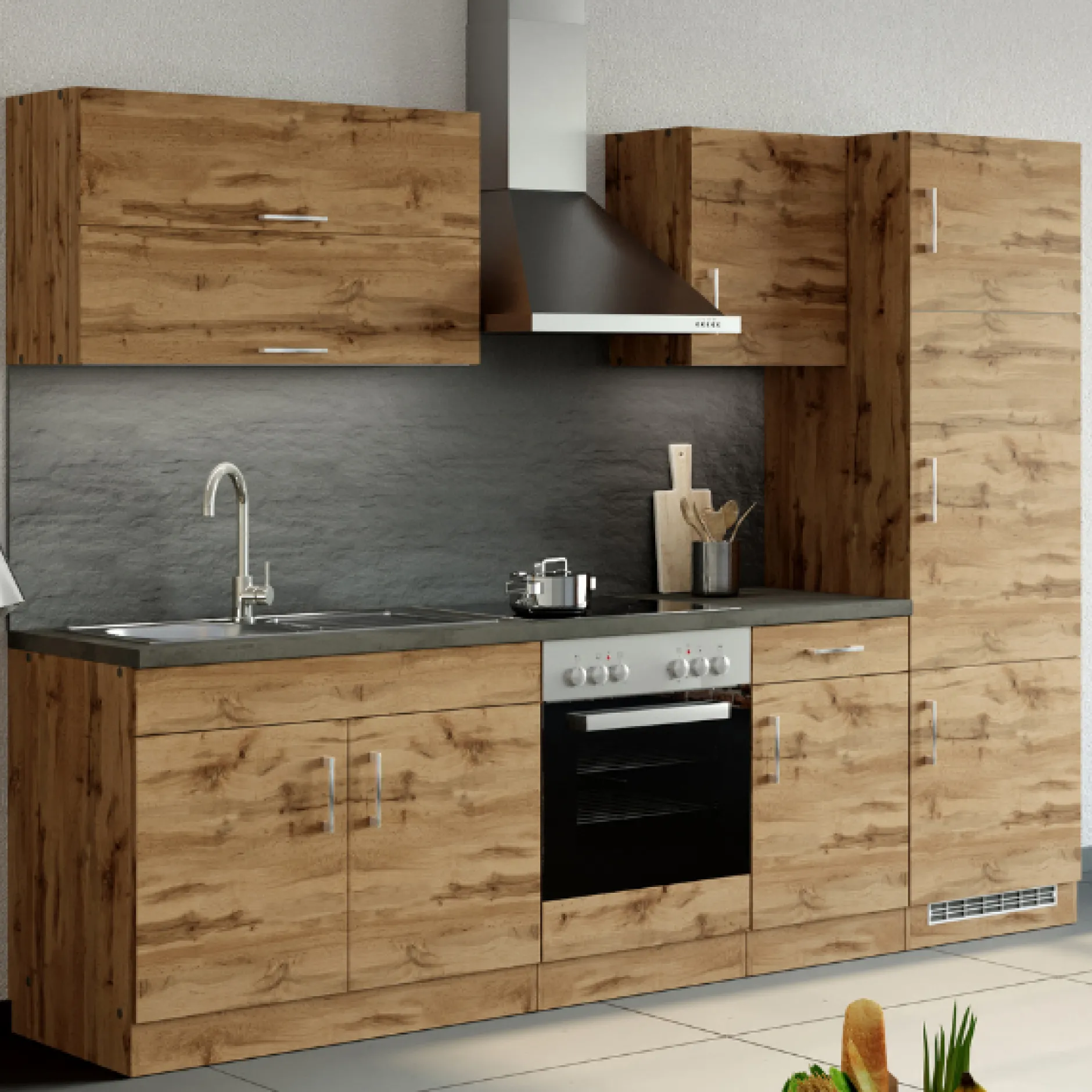 Küchenzeile Sorrella 270cm mit Platz für Backofen und Kühlschrank - Eiche