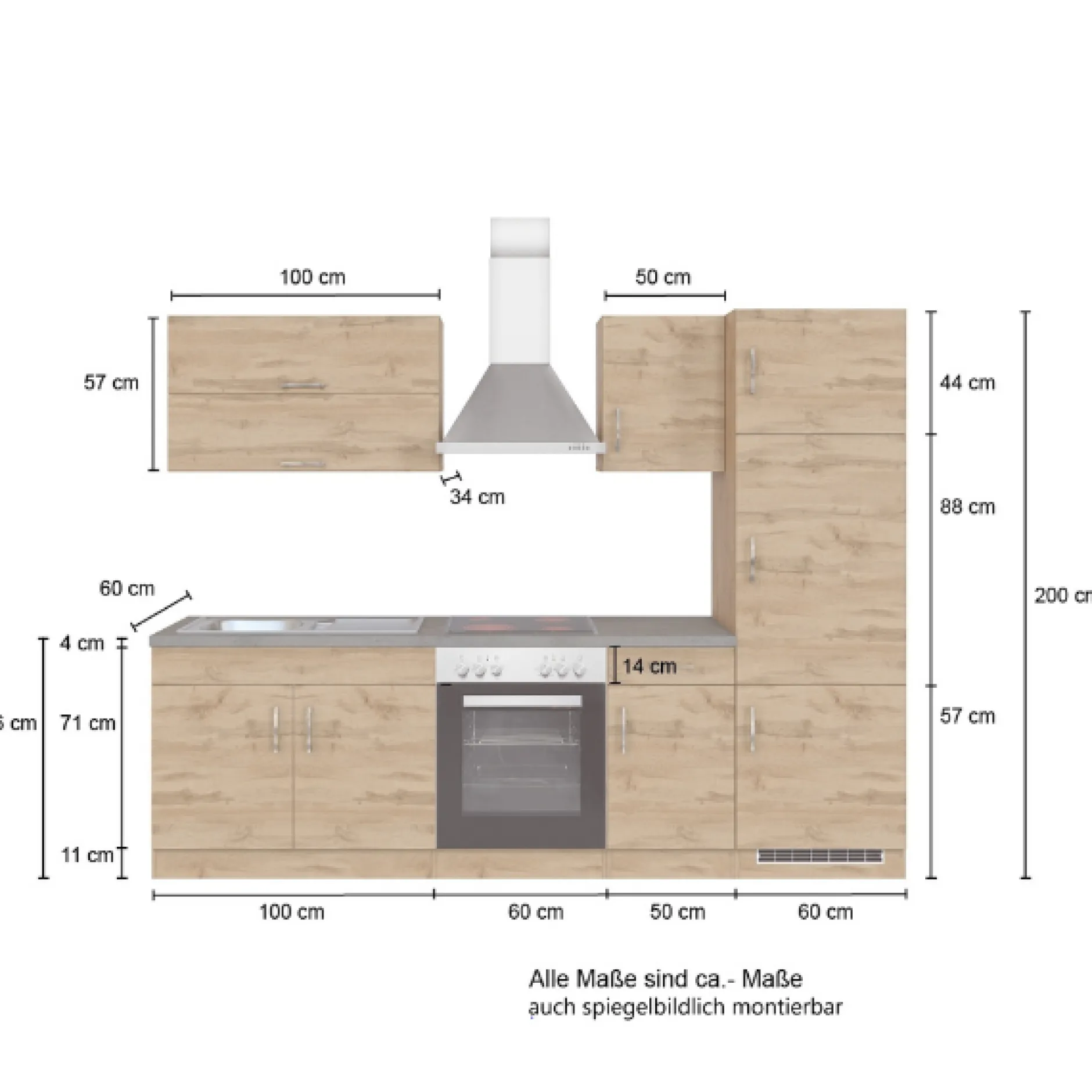 Küchenzeile Sorrella 270cm mit Platz für Backofen und Kühlschrank - Eiche