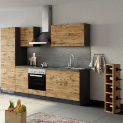 Küchenzeile Sorrella 270cm mit Platz für Backofen und Kühlschrank - Eiche/Graphit