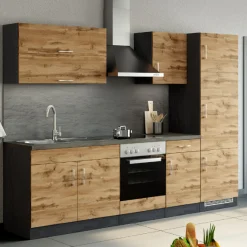 Küchenzeile Sorrella 270cm mit Platz für Backofen und Kühlschrank - Eiche/Graphit