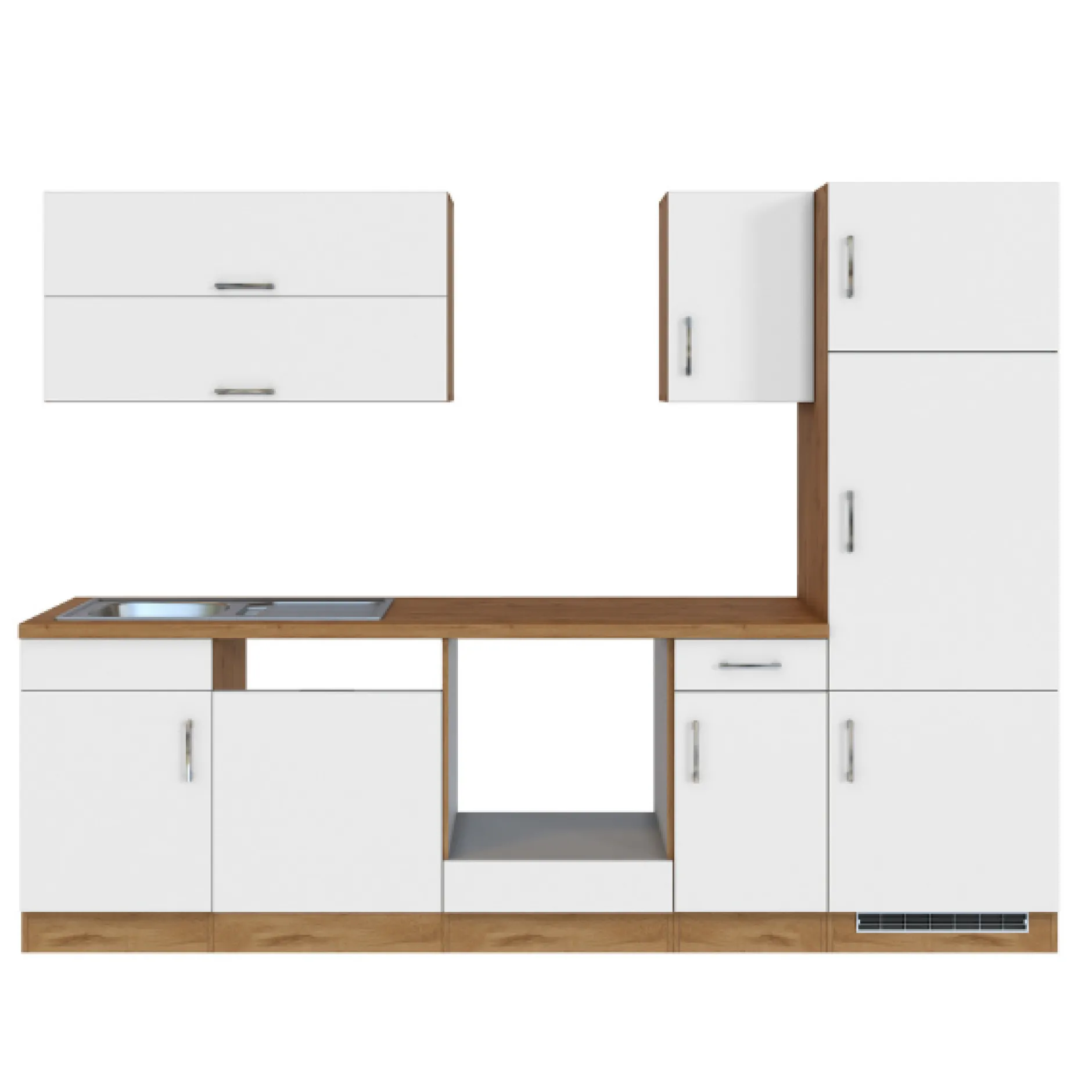 Küchenzeile Sorrella 270cm mit Platz für Backofen, Geschirrspüler und Kühlschrank - weiß/Eiche