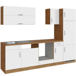 Küchenzeile Sorrella 270cm mit Platz für Backofen, Geschirrspüler und Kühlschrank - weiß/Eiche