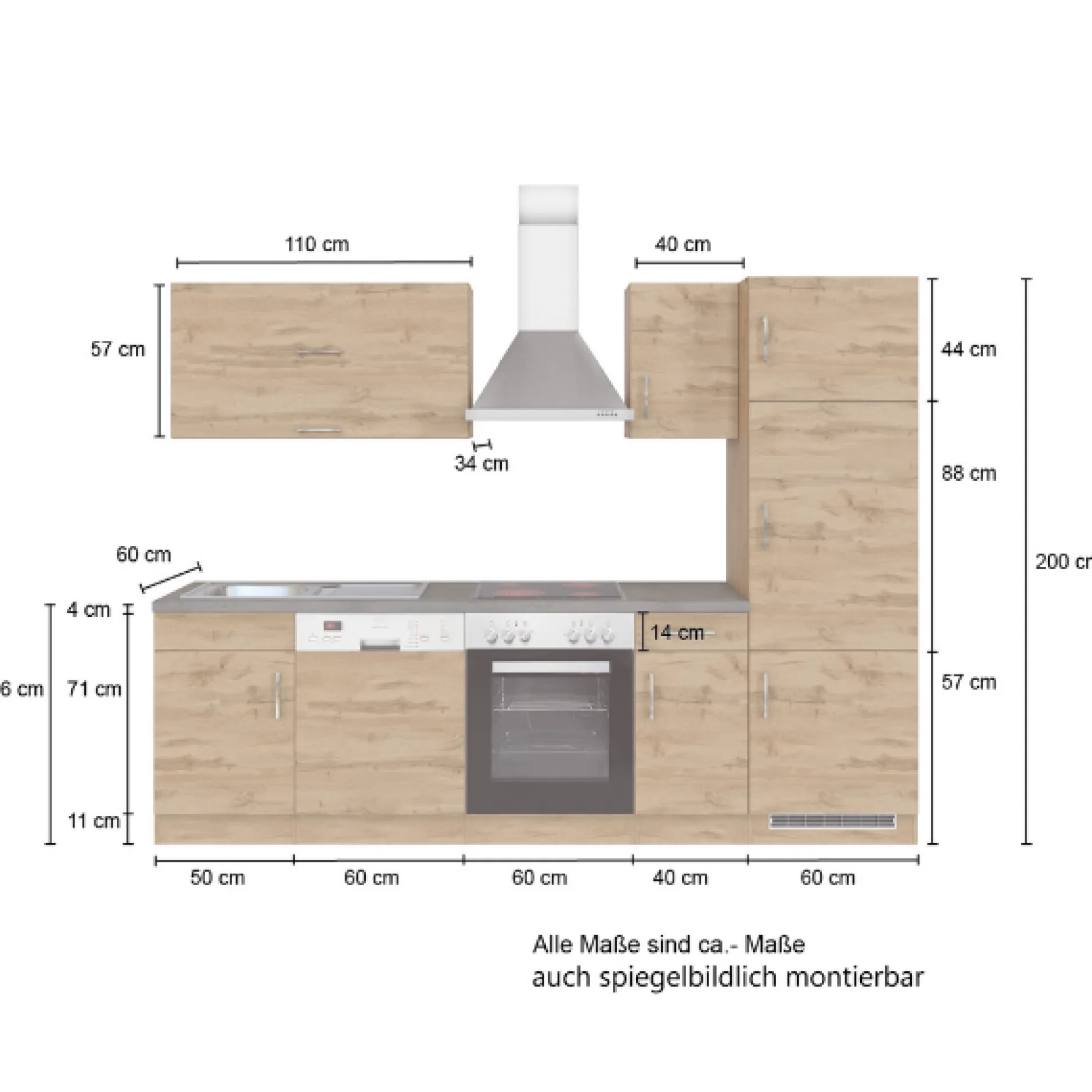 Küchenzeile Sorrella 270cm mit Platz für Backofen, Geschirrspüler und Kühlschrank - Eiche