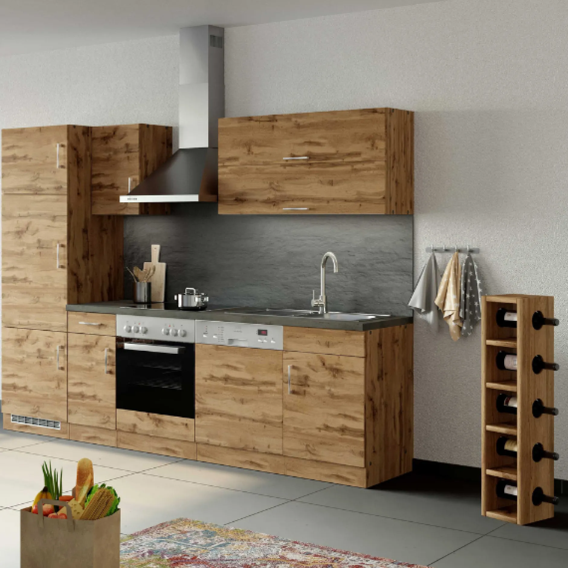 Küchenzeile Sorrella 270cm mit Platz für Backofen, Geschirrspüler und Kühlschrank - Eiche