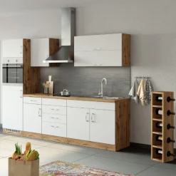 Küchenzeile Sorrella 270cm mit Platz für Backofen und Kühlschrank - weiß/Eiche