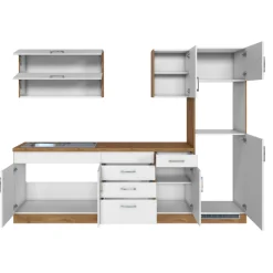 Küchenzeile Sorrella 270cm mit Platz für Backofen und Kühlschrank - weiß/Eiche