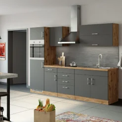 Küchenzeile Sorrella 270cm mit Platz für Backofen und Kühlschrank - anthrazit/ocker