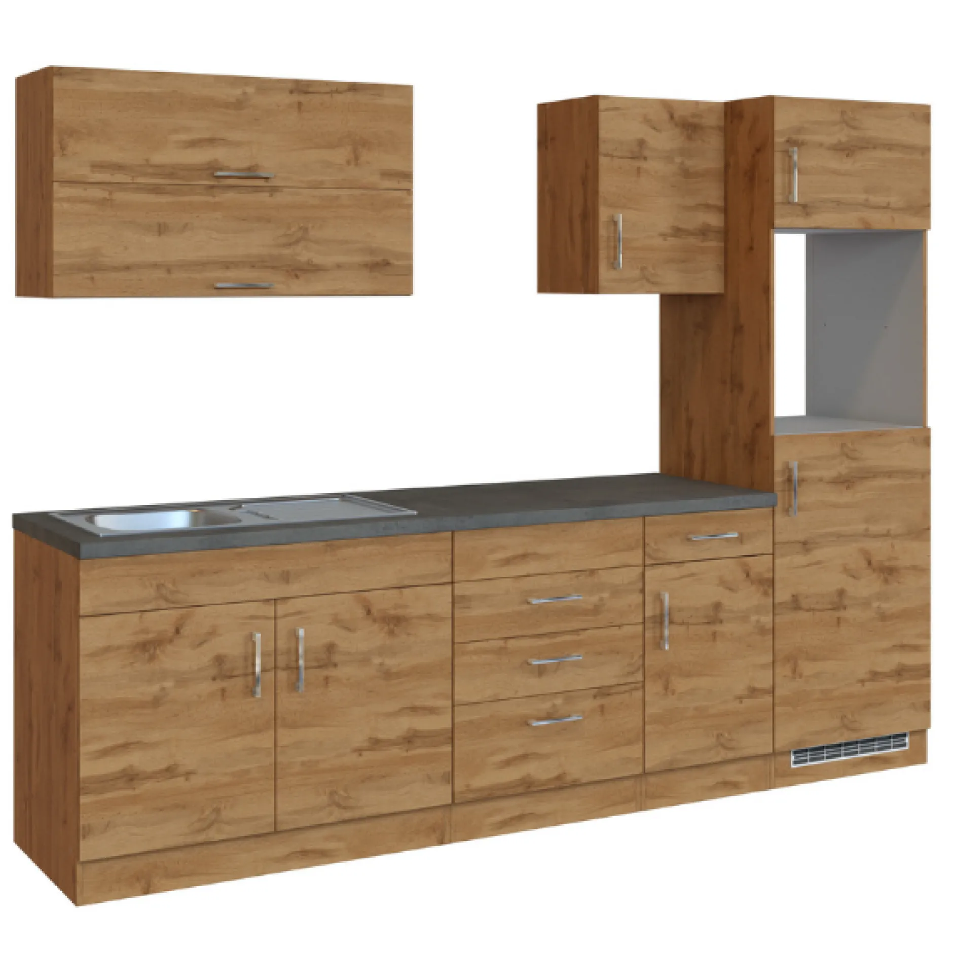 Küchenzeile Sorrella 270cm mit Platz für Backofen und Kühlschrank - Eiche