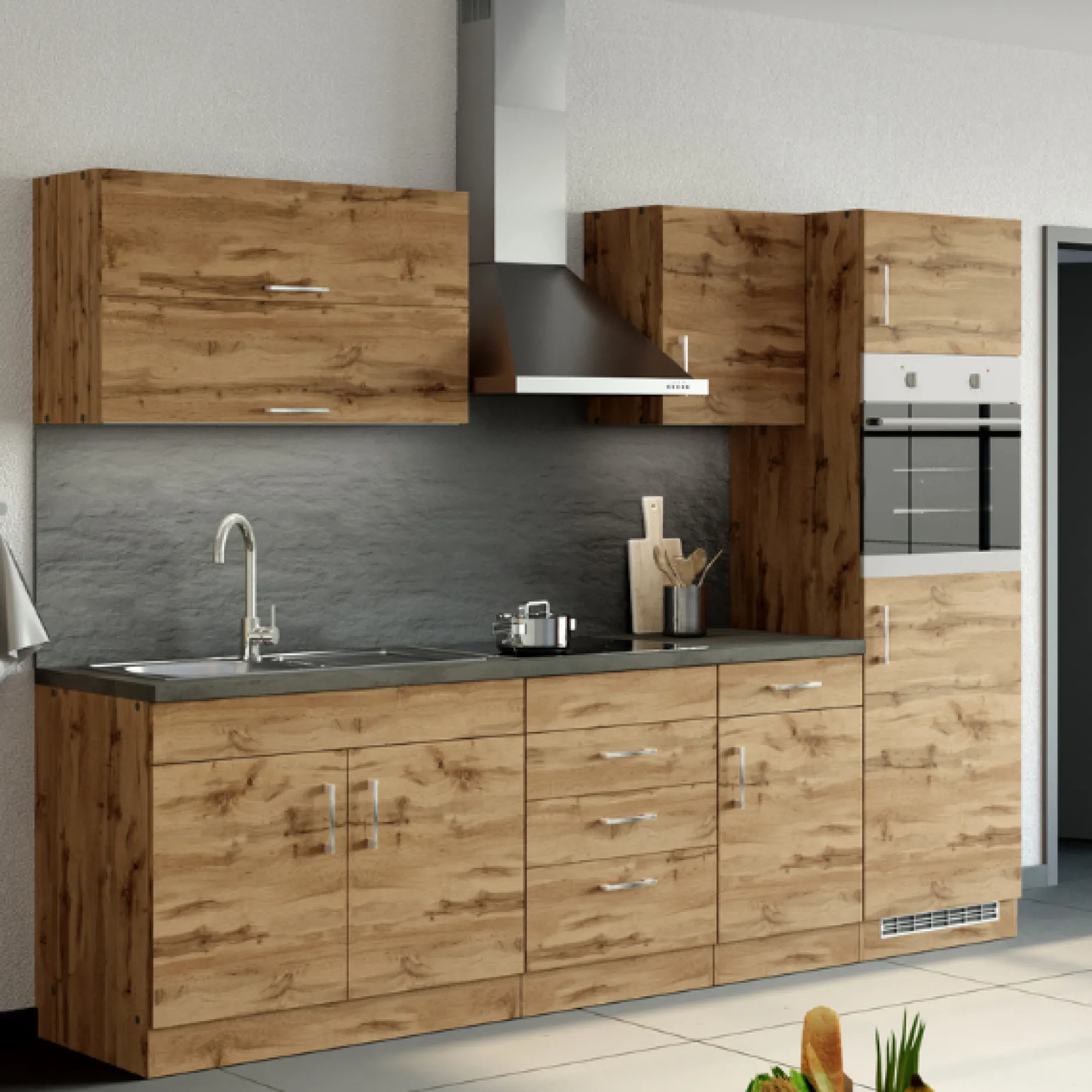 Küchenzeile Sorrella 270cm mit Platz für Backofen und Kühlschrank - Eiche