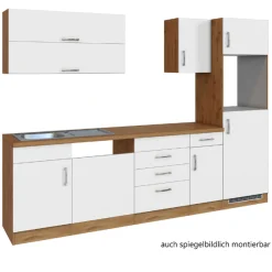 Küchenzeile Sorrella 270cm mit Platz für Geschirrspüler, Backofen und Kühlschrank - weiß/Eiche