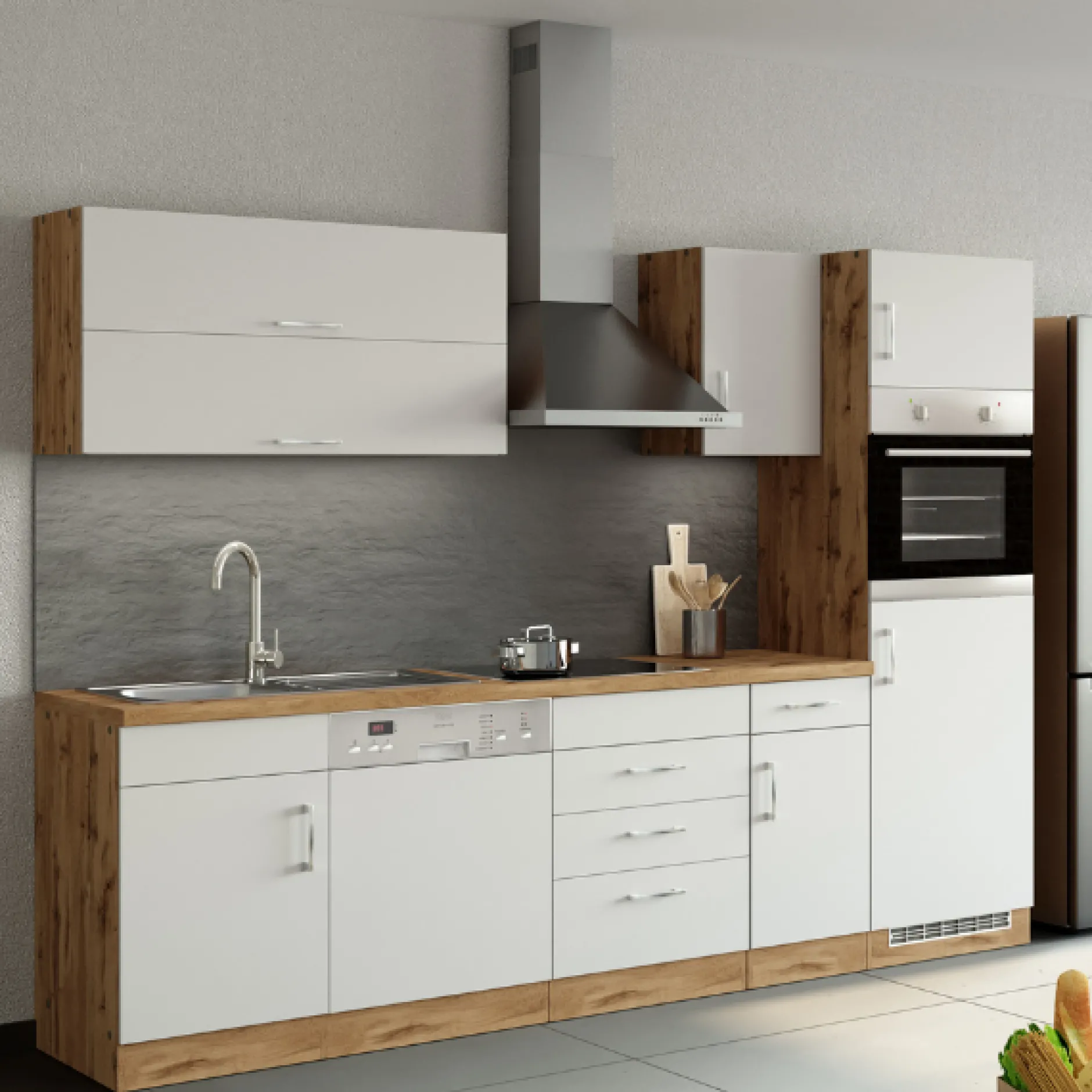 Küchenzeile Sorrella 270cm mit Platz für Geschirrspüler, Backofen und Kühlschrank - weiß/Eiche