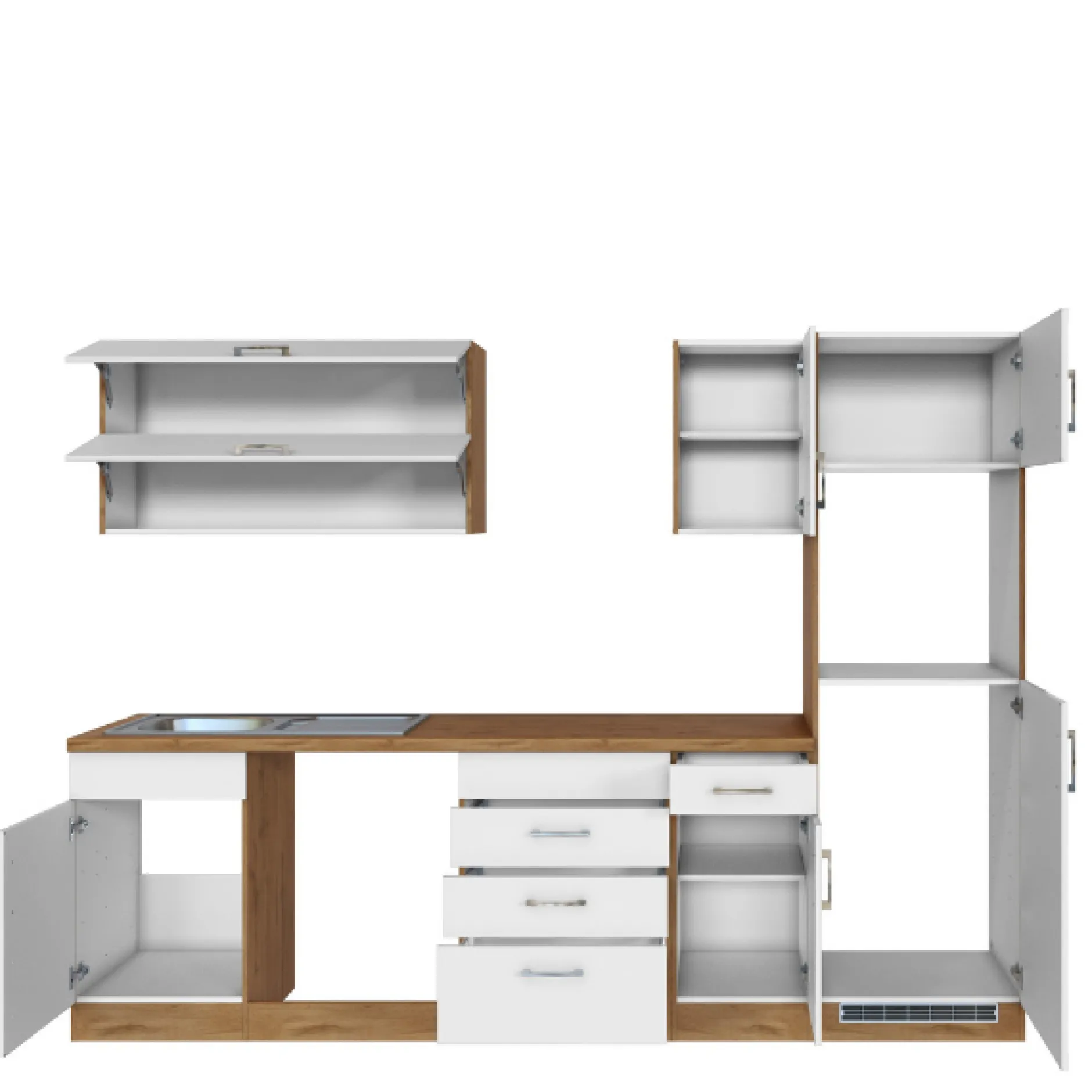 Küchenzeile Sorrella 270cm mit Platz für Geschirrspüler, Backofen und Kühlschrank - weiß/Eiche