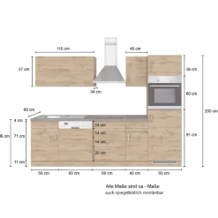 Küchenzeile Sorrella 270cm mit Platz für Geschirrspüler, Backofen und Kühlschrank - Eiche