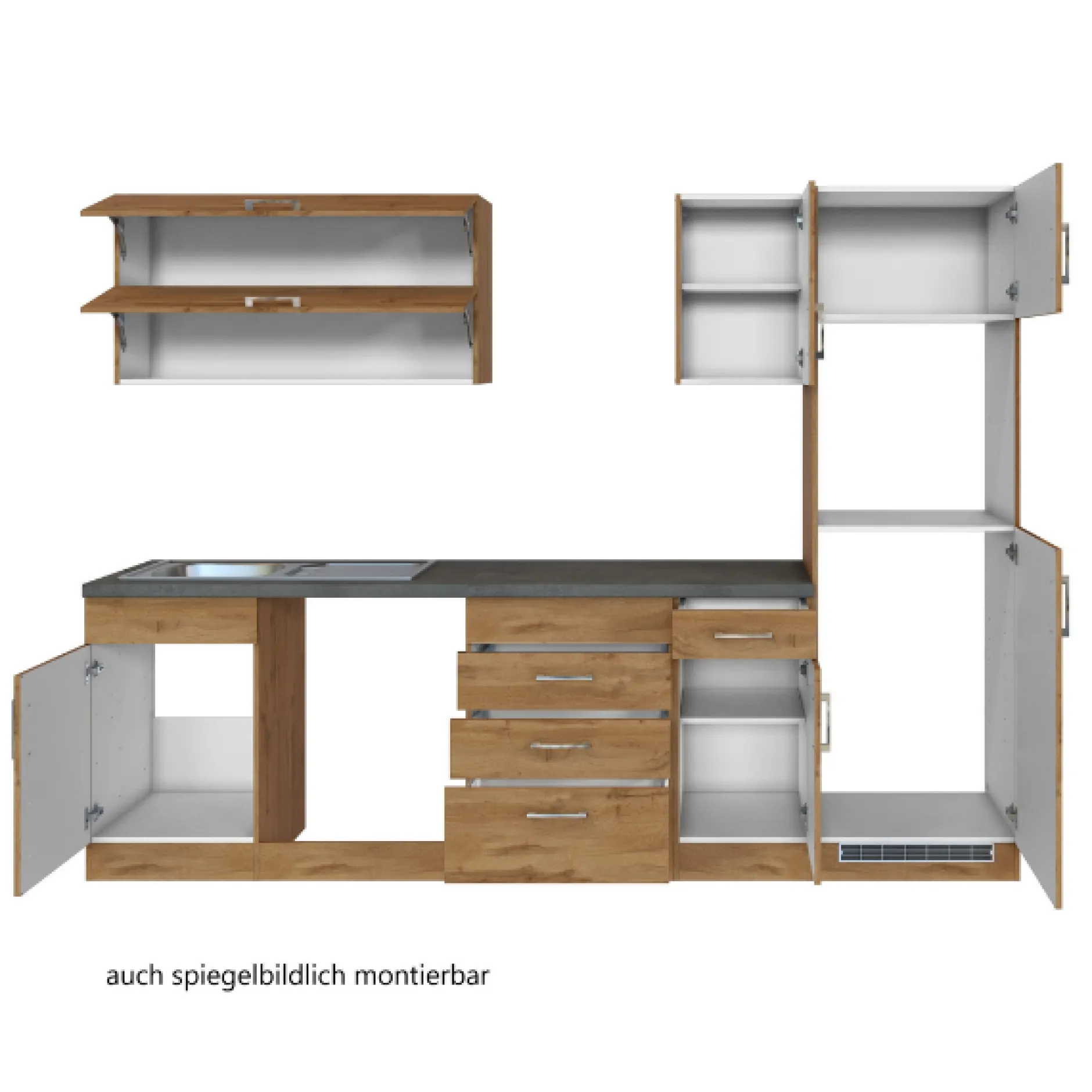 Küchenzeile Sorrella 270cm mit Platz für Geschirrspüler, Backofen und Kühlschrank - Eiche