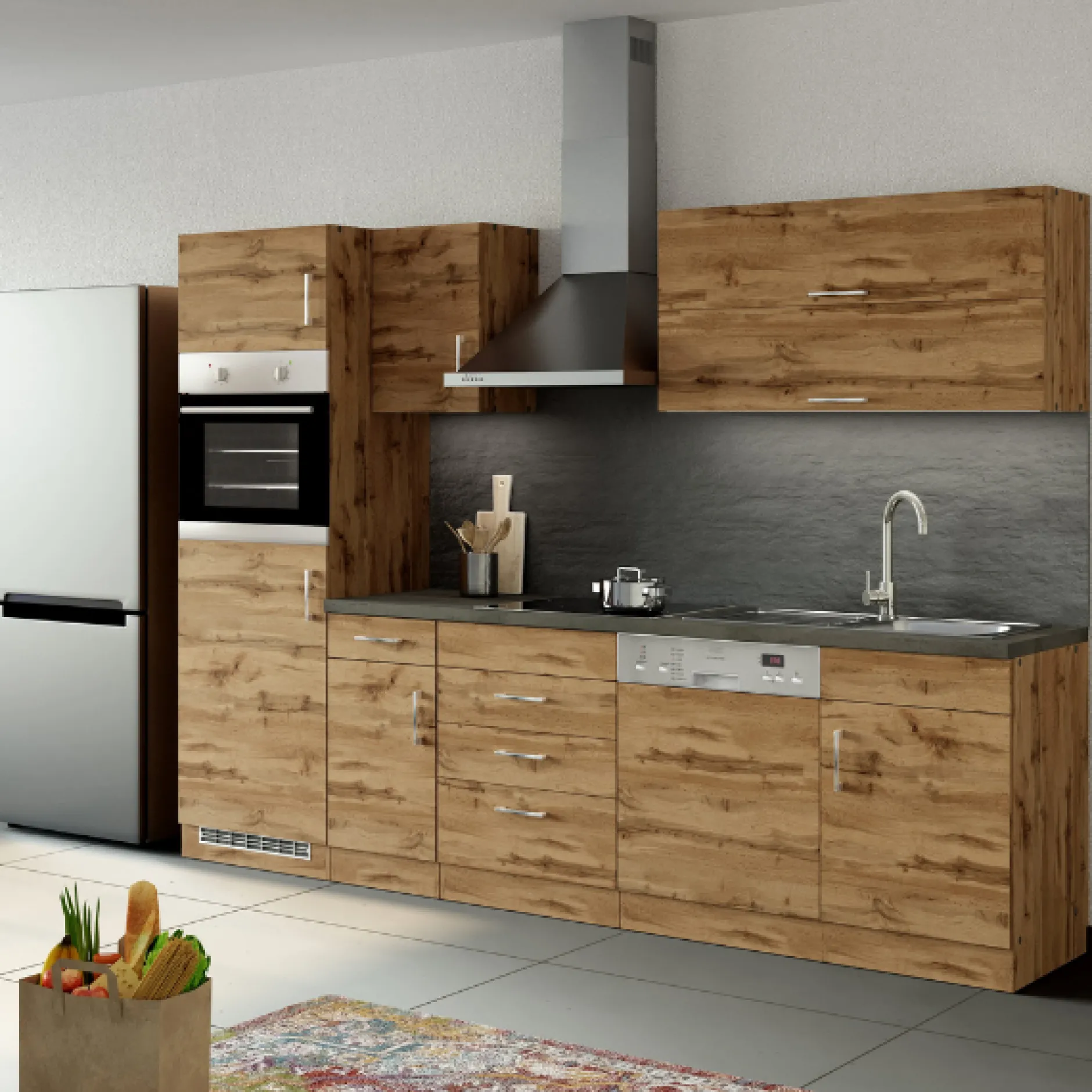 Küchenzeile Sorrella 270cm mit Platz für Geschirrspüler, Backofen und Kühlschrank - Eiche