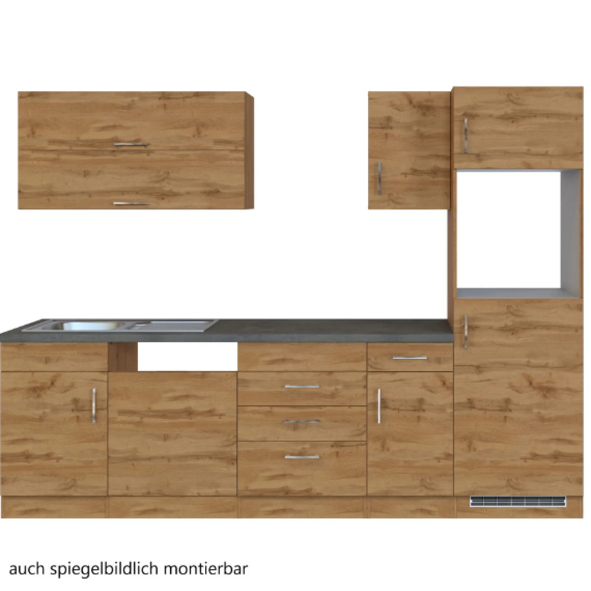 Küchenzeile Sorrella 270cm mit Platz für Geschirrspüler, Backofen und Kühlschrank - Eiche