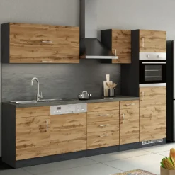 Küchenzeile Sorrella 270cm mit Platz für Geschirrspüler, Backofen und Kühlschrank - Eiche/Graphit