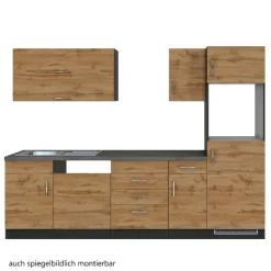 Küchenzeile Sorrella 270cm mit Platz für Geschirrspüler, Backofen und Kühlschrank - Eiche/Graphit