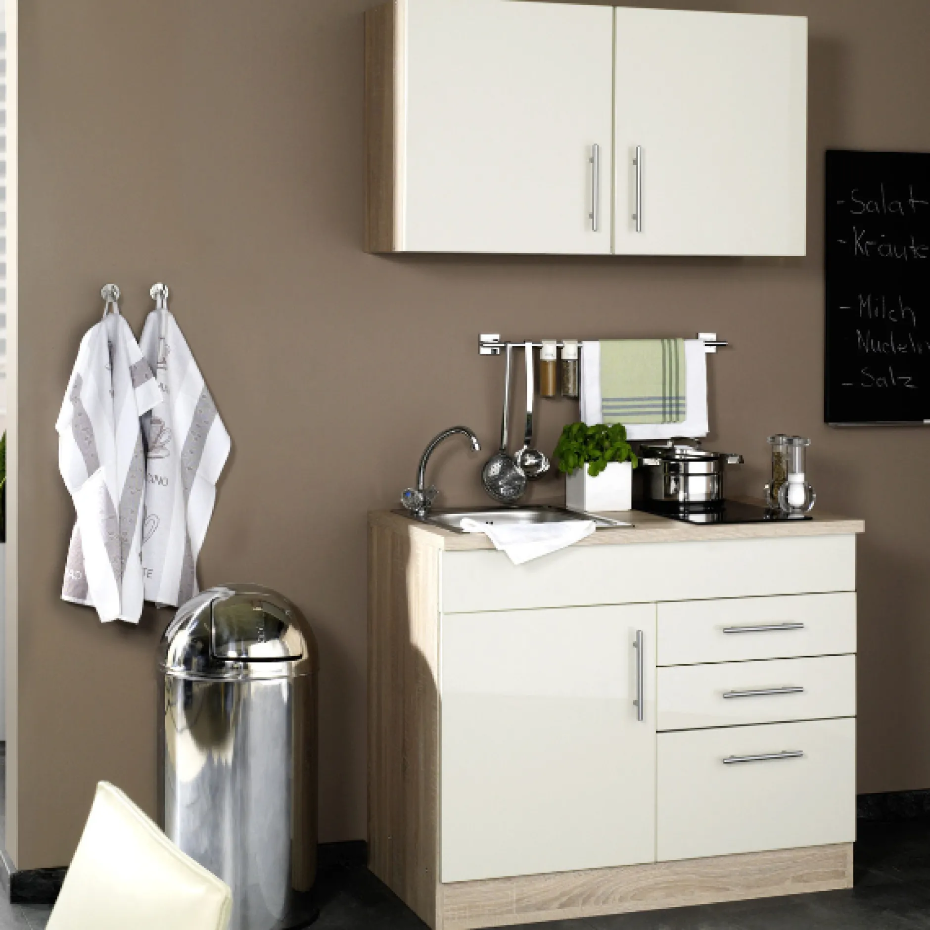 Küchenzeile Toto 100cm mit Kochfeld - Hochglanz creme