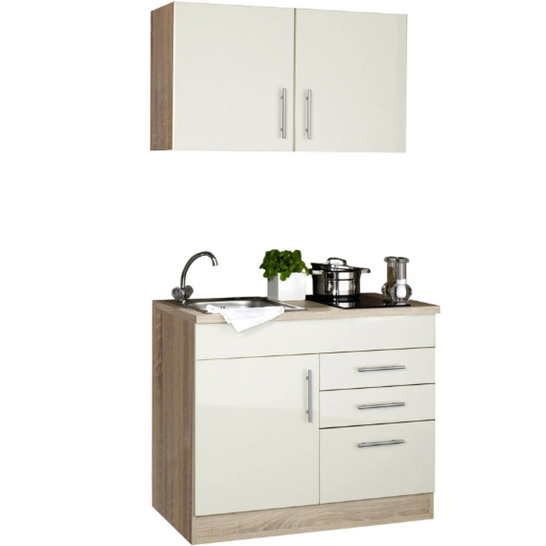 Küchenzeile Toto 100cm mit Kochfeld - Hochglanz creme